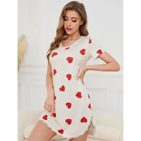 Gynaikeio Casual Kontomanyko V-Laimokopsi Sleep Dress Glyko Stampa Kardiá Dantela Nightgown Malako Aneto Loungewear