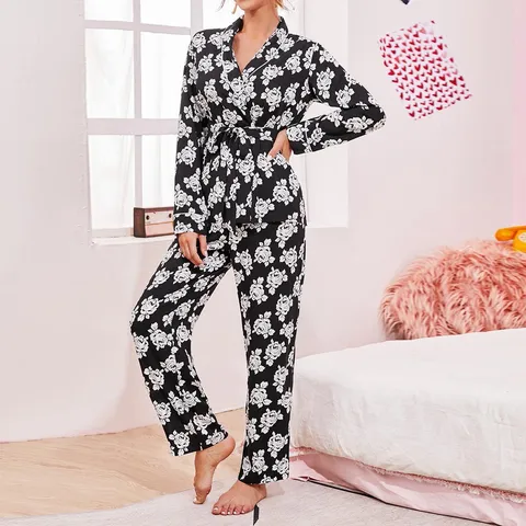 Women's Long Sleeve Long Pants Pyjama Set Viscose Floral Print Turn-down Collar Cardigan Sleepwear Loungewear