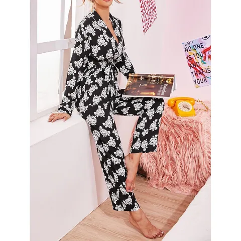 Women's Long Sleeve Long Pants Pyjama Set Viscose Floral Print Turn-down Collar Cardigan Sleepwear Loungewear
