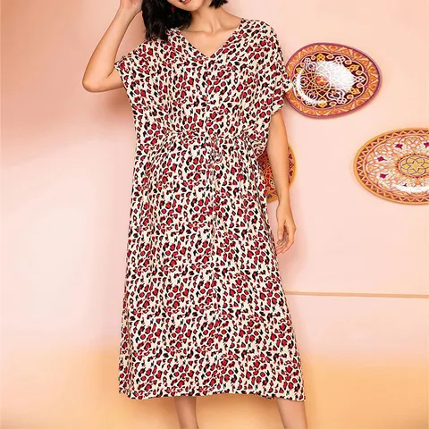 Women's Summer Leopard Print Short Sleeve Mid-Length Nightgown V-Neck Casual Loose Sleepwear Viscose Dress