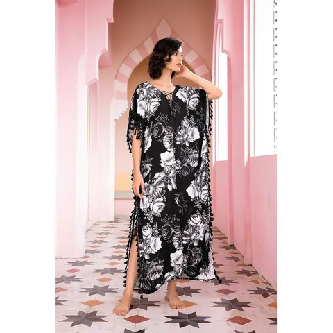 Women's Casual Floral Print Long Robe V-Neck Drawstring Tassel Resort Style Viscose Loungewear Maxi Dress Nightgown