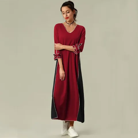 Mujer Casual Manga Larga Cuello en V Color Sólido Vestido Maxi Elegante Vestido Largo Recto
