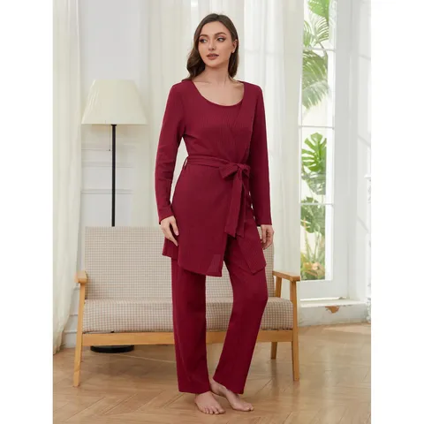 Damen Waffel Pyjama Set Einfarbig Langarm Cardigan Morgenmantel Unterhemd Und Hose Dreiteilige Nachtwäsche Homewear