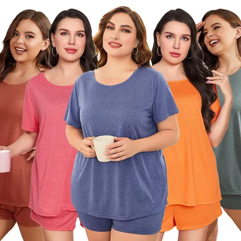 Damen Übergröße Freizeit Hausanzug Kurzarm Top Und Shorts Polyester Mix Pyjama Für Schlaf Und Zuhause