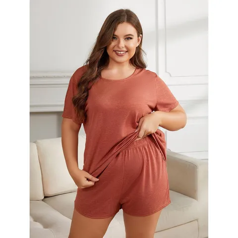 Damen Übergröße Freizeit Hausanzug Kurzarm Top Und Shorts Polyester Mix Pyjama Für Schlaf Und Zuhause