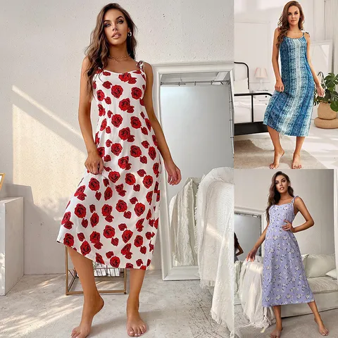 Chemise de Nuit Slip Sexy en Viscose pour Femmes Été Sans Manches Col U Robe de Nuit Midi Vêtements de Nuit Casual