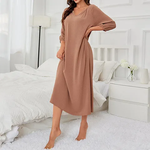 Women's Casual Long Sleeve V-Neck Solid Color Loose Maxi Sleepwear Dress Comfortable Polyester Nightgown For Home