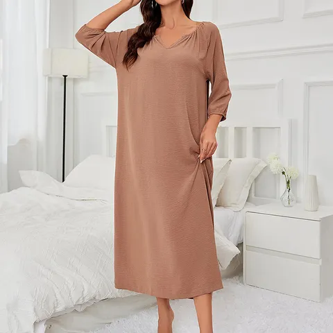 Women's Casual Long Sleeve V-Neck Solid Color Loose Maxi Sleepwear Dress Comfortable Polyester Nightgown For Home
