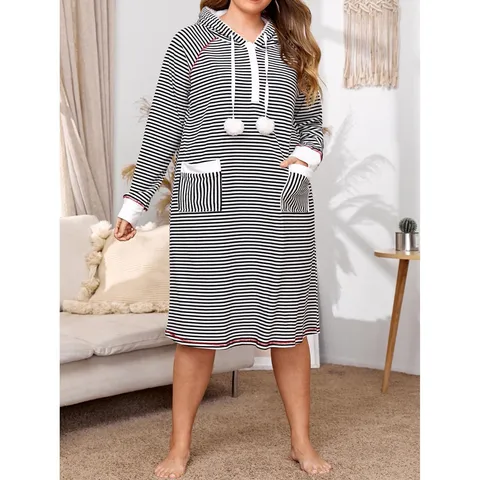 Camisón de Rayas con Capucha y Manga Larga para Mujer Talla Grande Casual Térmico Ropa de Dormir Vestido Largo de Invierno