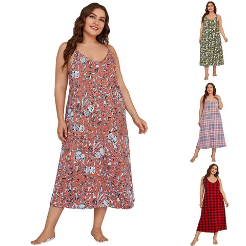 Plus Size Floral Print Nightgown Women Sexy V Neck Sleeveless Summer Slip Sleepwear Casual Loose Long Night Dress