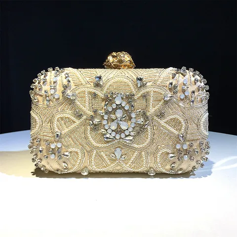 Handmade Bead Embroidery Evening Bag Luxurious Satin Rhinestone Artificial Pearl Bridal Clutch With Flower Clasp Elegant Dress Purse For Women Banquet Party