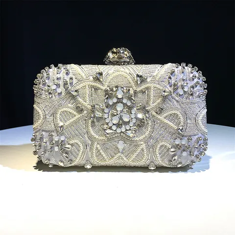 Handmade Bead Embroidery Evening Bag Luxurious Satin Rhinestone Artificial Pearl Bridal Clutch With Flower Clasp Elegant Dress Purse For Women Banquet Party