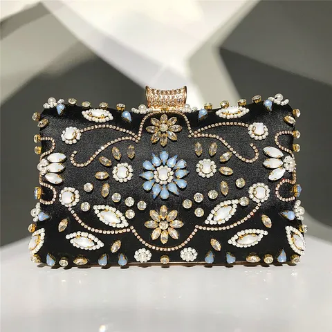 Sac de Soirée Luxueux Perlé à la Main en Strass pour Femmes Pochette en Satin Motif Floral Or Argent Noir Banquet Fête Sac