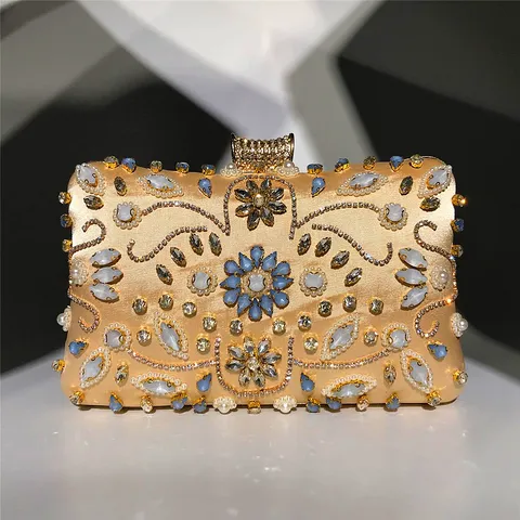 Sac de Soirée Luxueux Perlé à la Main en Strass pour Femmes Pochette en Satin Motif Floral Or Argent Noir Banquet Fête Sac