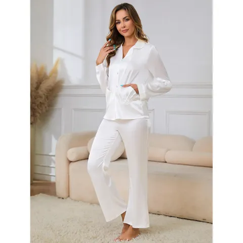 Ensemble Pyjama Femme Manches Longues Satin Vêtement de Nuit Boutonné Haut et Bas Couleur Unie Blanc