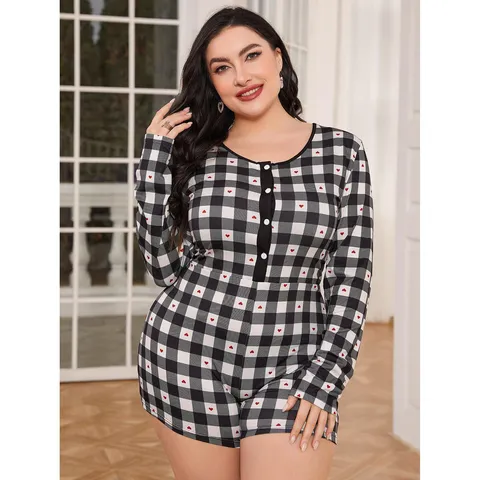 Plus Size Women Long Sleeve Jumpsuit Pajamas Casual Black And White Plaid Red Heart Print Soft Loungewear Sleepwear