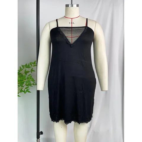 Chemise de Nuit en Mélange Modal Grande Taille pour Femmes Sexy Col en V Sans Manches Bordure en Dentelle Courte Robe de Nuit Lingerie