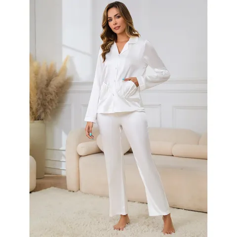 Ensemble Pyjama Femme Manches Longues Satin Vêtement de Nuit Boutonné Haut et Bas Couleur Unie Blanc