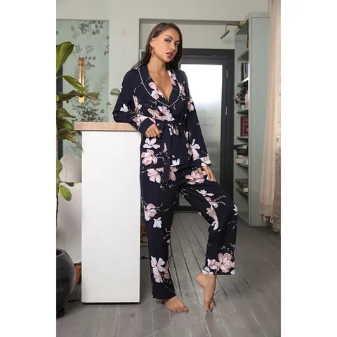 Women Long Sleeve Floral Print Pajama Set Viscose Lapel Cardigan Top And Long Pants Sleepwear Nightwear
