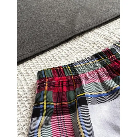 Women's Casual Poly Cotton Blend Pajama Set Short Sleeve Top And Plaid Shorts Comfortable Loungewear Sleepwear