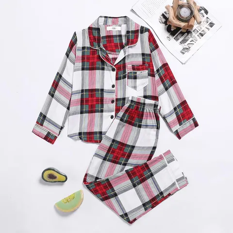 Kinder Lange Mouw Pyjama Set Viskose Rood Ruitje Knoop Revers Top en Broek Nachtkleding Voor Jongens en Meisjes Casual Thuis