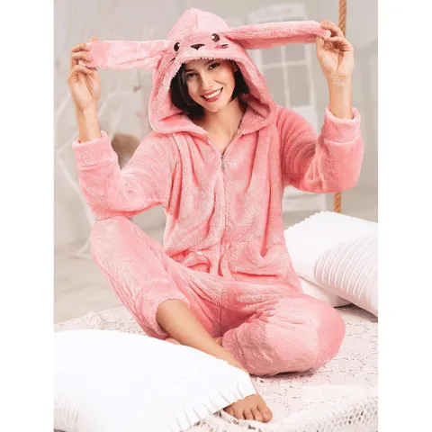 Mujer Lindo Orejas de Conejo Con Capucha Peluche Espesado Cálido Manga Larga Mameluco Pijama Invierno Casual Forro Polar Ropa de Casa