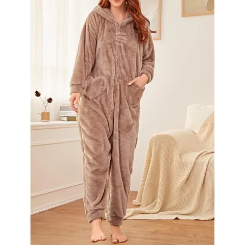 Mujer Lindo Orejas de Conejo Con Capucha Peluche Espesado Cálido Manga Larga Mameluco Pijama Invierno Casual Forro Polar Ropa de Casa