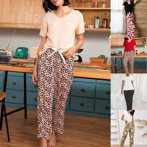 Ensemble Loungewear Décontracté en Rayon pour Femmes Haut à Manches Courtes Col V et Longs Pantalons Pyjama Vêtements de Nuit pour Été