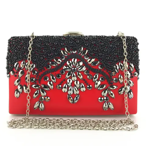 Handmade Beaded Rhinestone Evening Bag Synthetic Leather Horizontal Square Clutch With Chain Strap For Banquet Party Women Purse