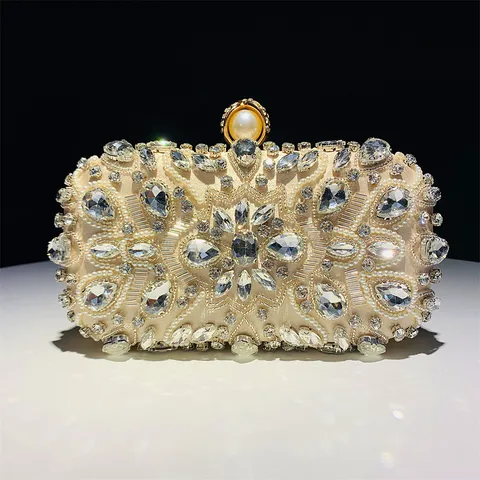 Sac de Soirée Luxueux Brodé à la Main avec Strass Fermoir en Perle Artificielle Pochette Satin Sac à Chaîne pour Mariage Fête Femme