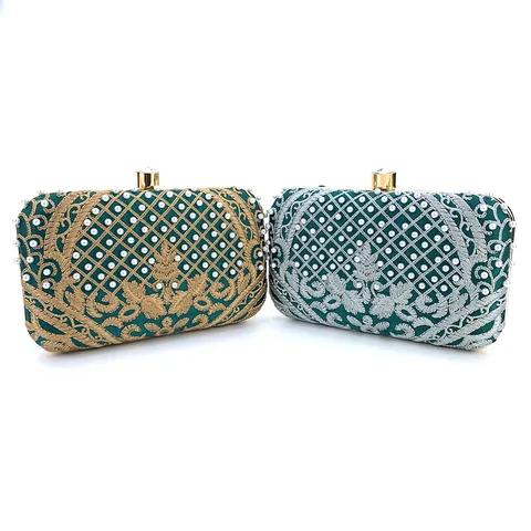 Women Retro Embroidered Artificial Pearl Evening Bag Luxury Floral Satin Clutch Bag For Wedding Banquet Party Metal Lock Handbag
