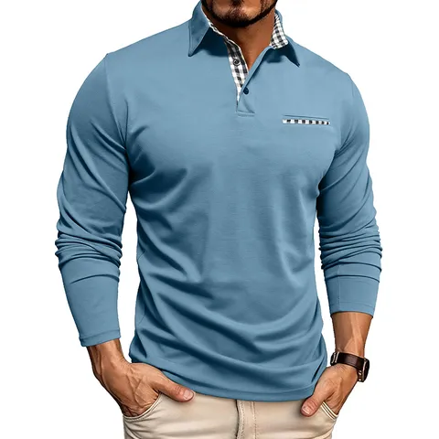 Men's Long Sleeve Polo Shirt Casual Business Breathable Patchwork Turn-Down Collar Polo Top For Men Daily Wear