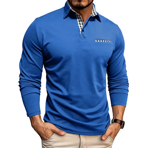 Men's Long Sleeve Polo Shirt Casual Business Breathable Patchwork Turn-Down Collar Polo Top For Men Daily Wear