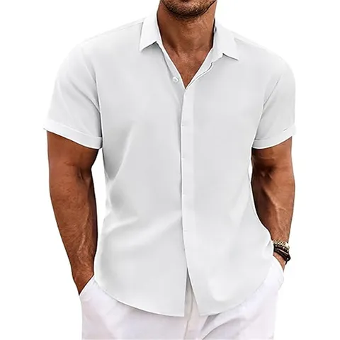 Herren Casual Leinenmischung Kurzarm Kuba Kragen Knopfleiste Hemd Sommer Einfarbig Atmungsaktiv Strand Top