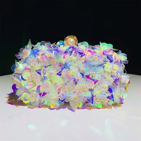 Sac de Soirée pour Femmes Pochette Dégradé Floral Paillettes Fête Mariage Sac à Main de Luxe avec Perles Artificielles Cadre Métallique