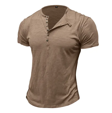 Men's Summer Casual Slim Fit Short Sleeve Henley T-Shirt Solid Color Breathable Athletic Muscle Tee Top