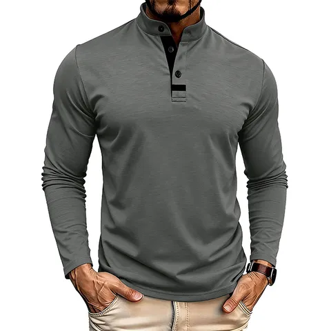 Men's Casual Stand Collar Long Sleeve T-Shirt Button Up Slim Fit Fashion Autumn Basic Solid Color Top