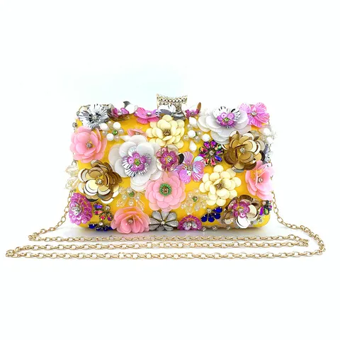 Handmade Beaded Floral Satin Evening Bag Elegant Luxury Rhinestone Clutch Purse With Metal Chain Strap For Women Banquet Wedding Party Handbag