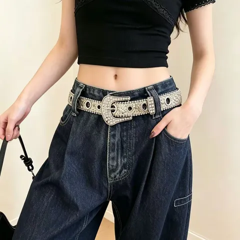 Damen Strass Gürtel Legierung Dornschließe Glitzernder Taillengürtel Y2K Mode Trendig Vielseitig Kleidung Zubehör Taillenband