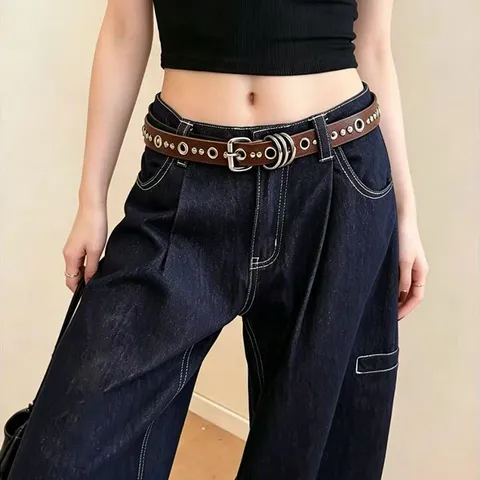 Süßer cooler Punk-Stil Damen Ledergürtel mit Metallnieten und doppelten Ring-Schnallen Mode Taillengürtel für tägliche Outfits
