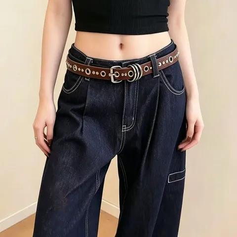 Süßer cooler Punk-Stil Damen Ledergürtel mit Metallnieten und doppelten Ring-Schnallen Mode Taillengürtel für tägliche Outfits