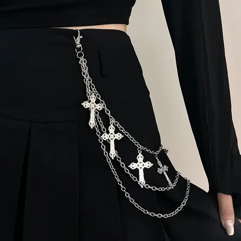 Rétro Multicouche Croix Pendentif Chaîne de Taille Femmes Cool Personnalité Chaîne de Pantalon Hip Hop Tendance Polyvalent Alliage Métal Bijoux