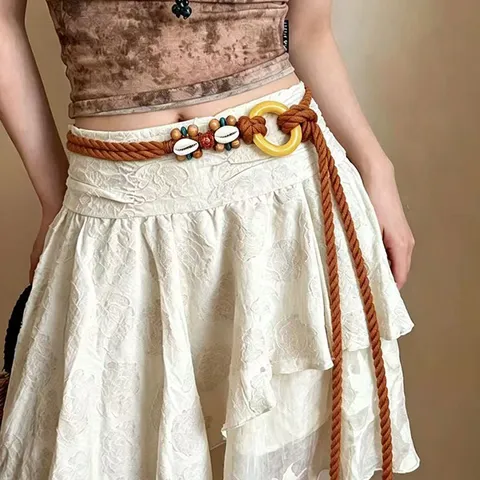 Böhmische Baumwollseil Taillenkette Damen Ethisch Vintage Gewebt Perlenbesetzt Muschel Gürtel Mode Kleidungszubehör