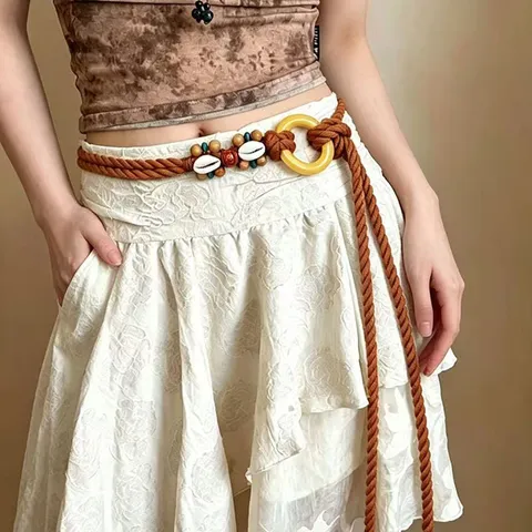 Böhmische Baumwollseil Taillenkette Damen Ethisch Vintage Gewebt Perlenbesetzt Muschel Gürtel Mode Kleidungszubehör