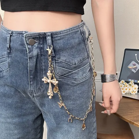 Punk Hip Hop Taillenkette Für Damen Perle Kreuz Anhänger Hosenkette Goldene Body Chain Mode Schmuck Zubehör