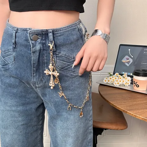 Punk Hip Hop Taillenkette Für Damen Perle Kreuz Anhänger Hosenkette Goldene Body Chain Mode Schmuck Zubehör