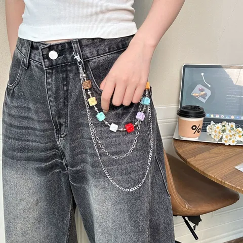 Punk Hip Hop Mehrschichtige Metall Hosenkette Bunte Würfel Quaste Geometrische Taillenkette Für Damen Streetwear Schmuck