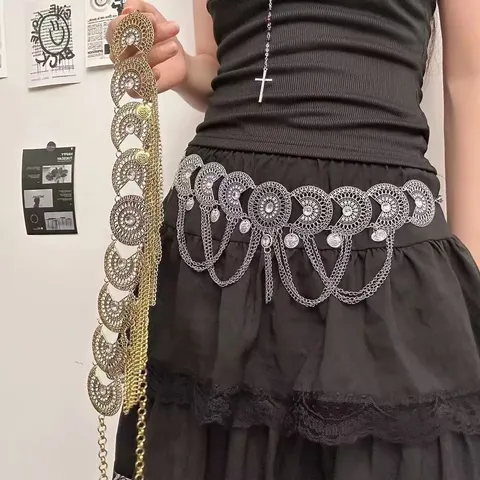 Ethno-Stil Metall Quaste Taillenkette Für Damen Vintage Hohlkreis Münzen Anhänger Gürtel Mode Körperschmuck