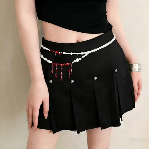 Gotisch Dunkel Rot Perle Quaste Taillenkette Damen Vintage Silber Metall Körperkette Verstellbar Mehrschichtig Schmuck Accessoire
