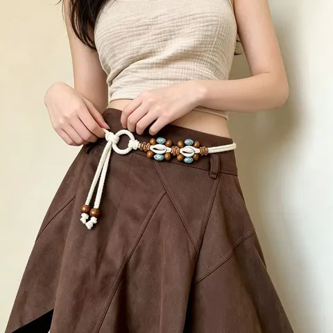 Böhmische Ethno Baumwolle Geflochtene Taillenkette Mit Holzperlen Quasten Verstellbare Bauchkette Damen Kleid Accessoires
